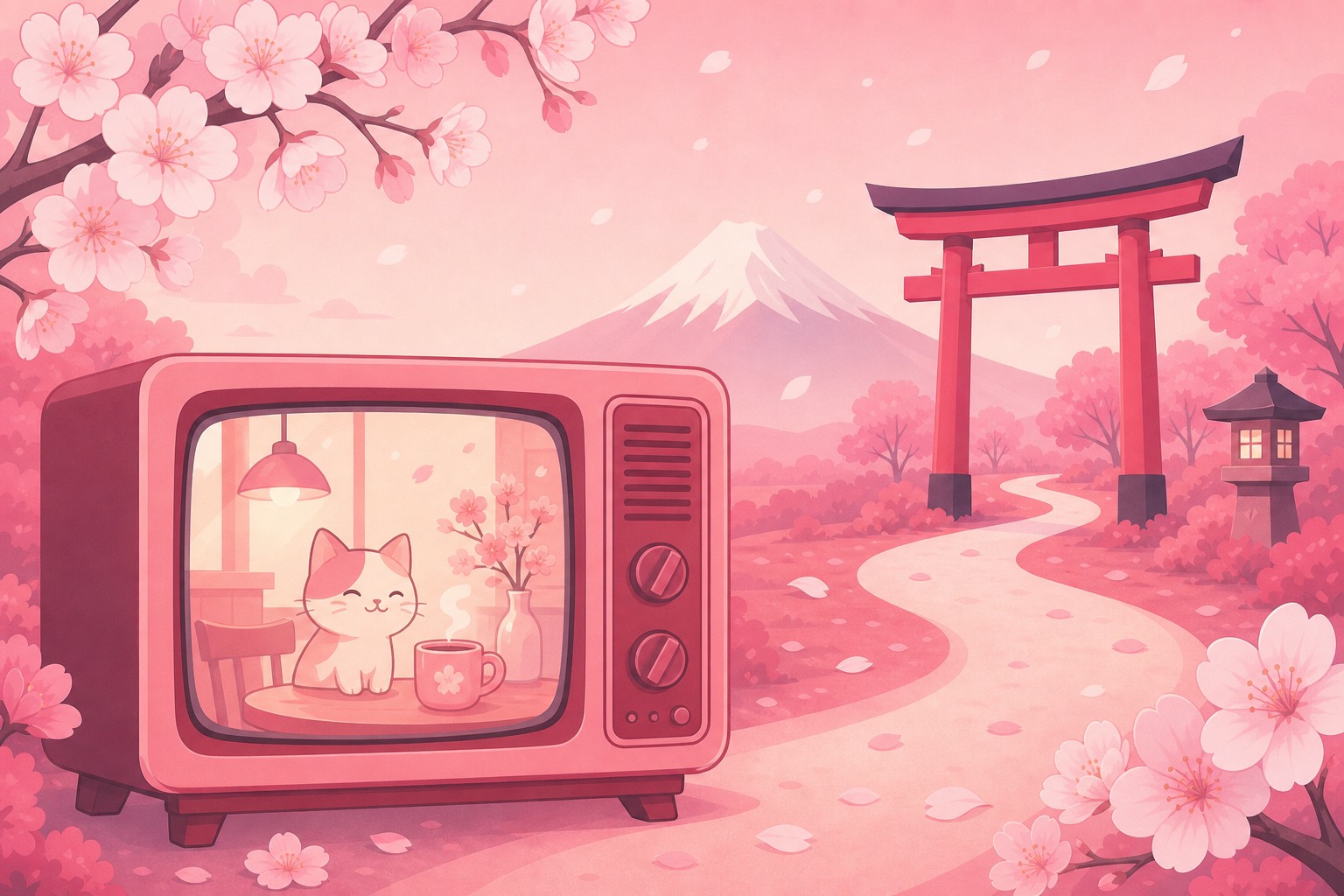 A cozy television showing an anime scene, surrounded by cherry blossoms
