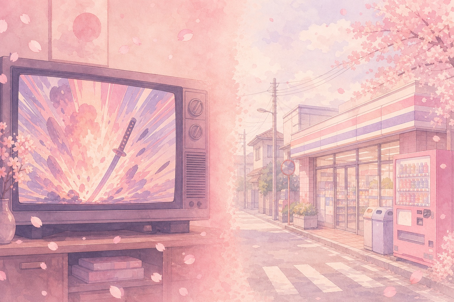 A television with a dramatic anime character next to a calmly speaking everyday person on a pastel pink background