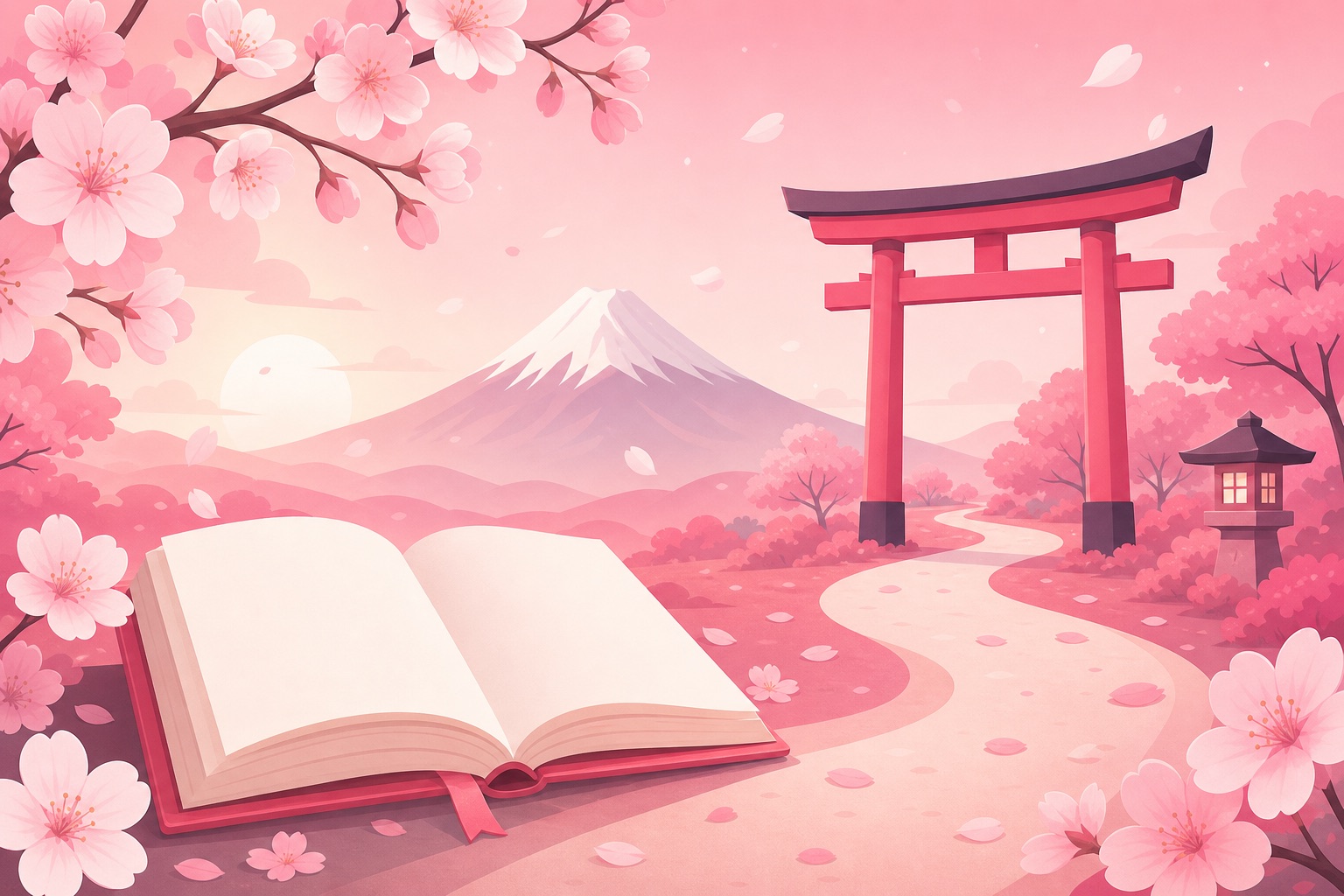 An open book in front of a torii gate and Mount Fuji with cherry blossoms