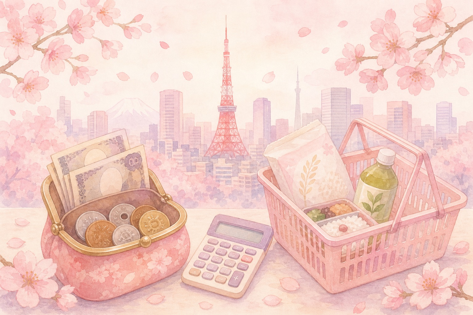 A wallet with yen notes and coins in front of a pastel pink Tokyo skyline