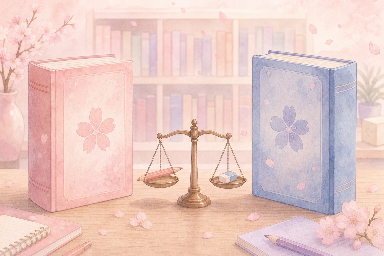 Two open Japanese textbooks side by side with a balance scale between them, on a pastel pink background