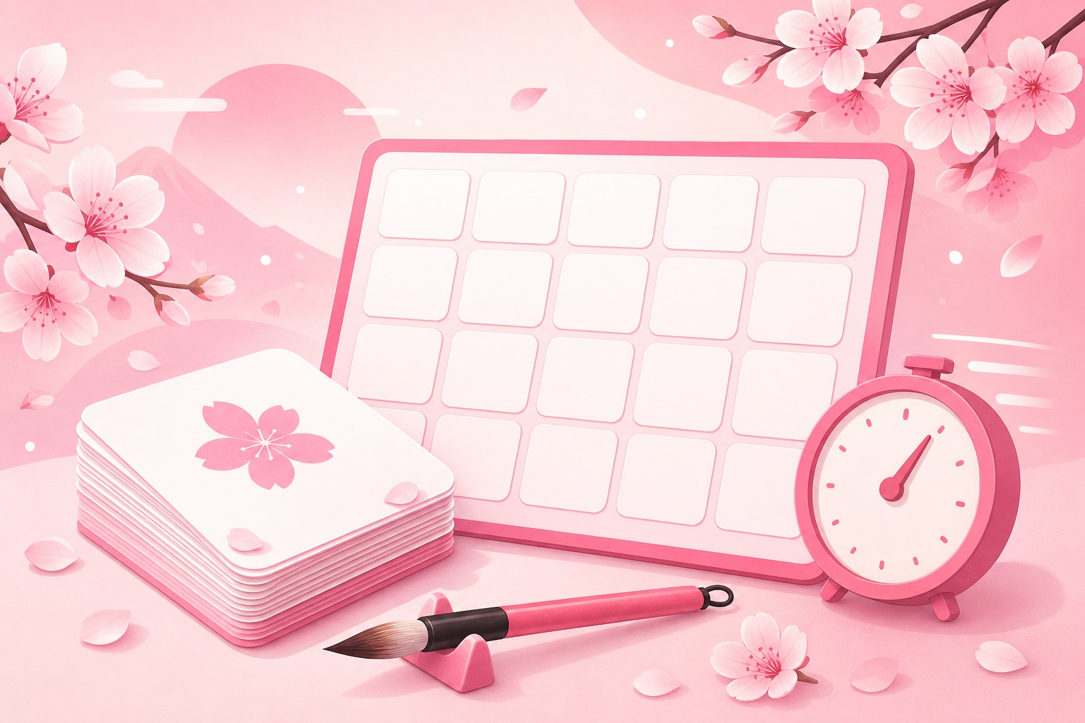 Flashcards, a blank kana grid, a brush and a clock with cherry blossoms