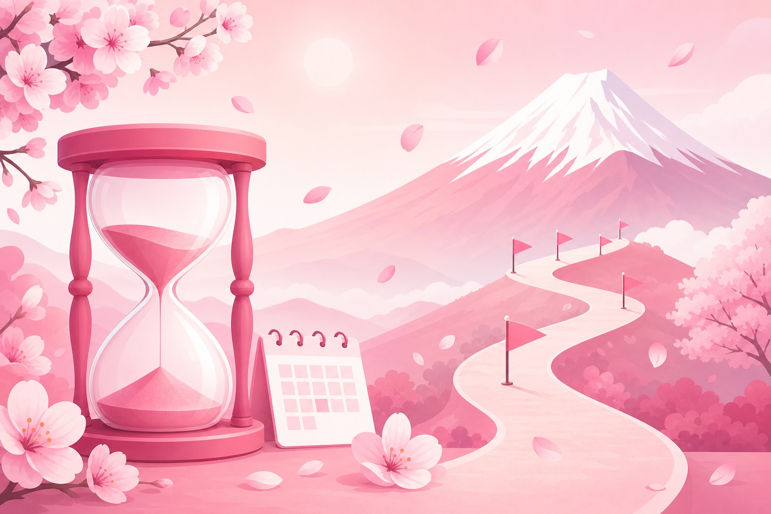 An hourglass and calendar beside a path with milestones leading to Mount Fuji