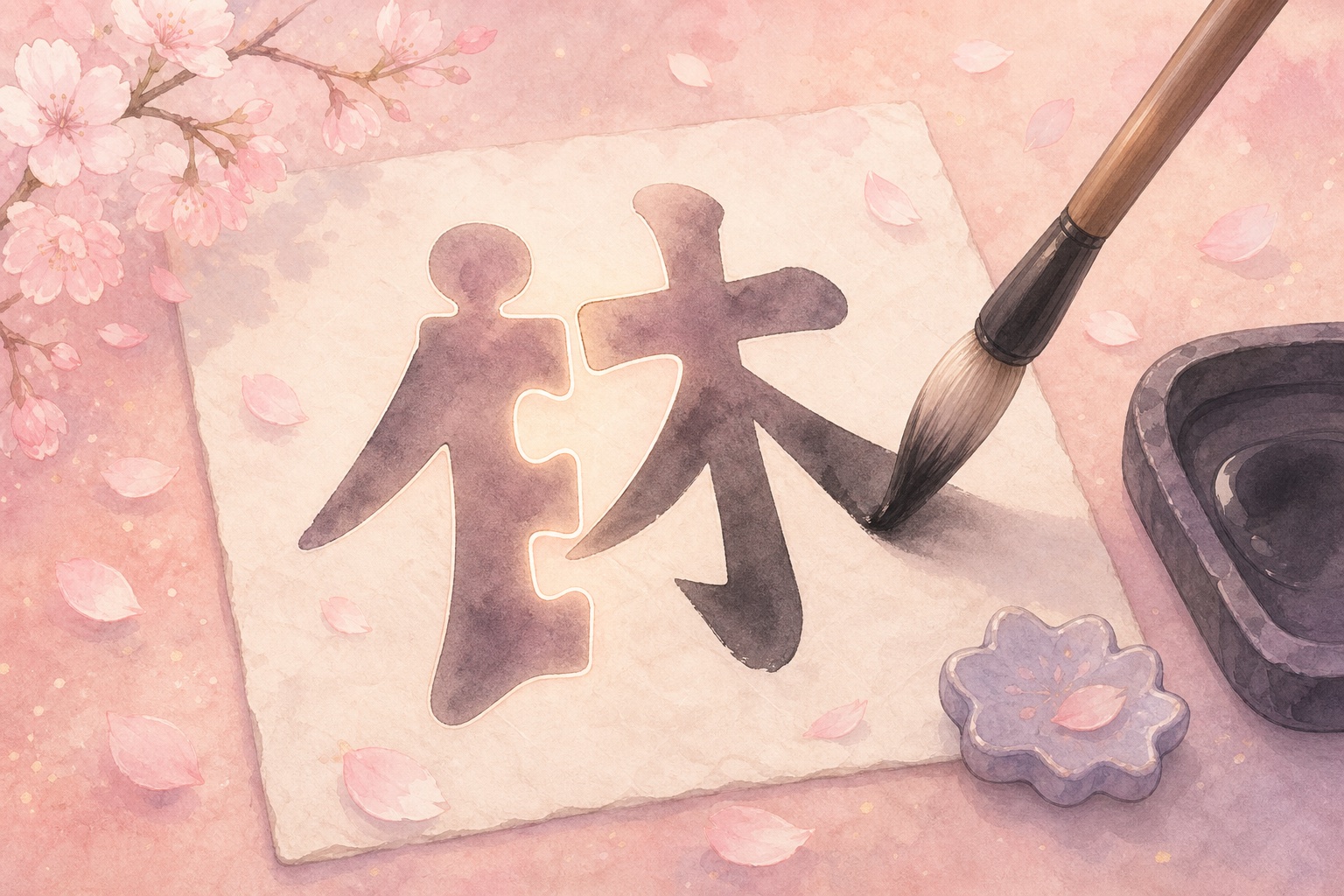 A brush writing a large kanji on paper, with small radical building blocks beside it on a pastel pink background