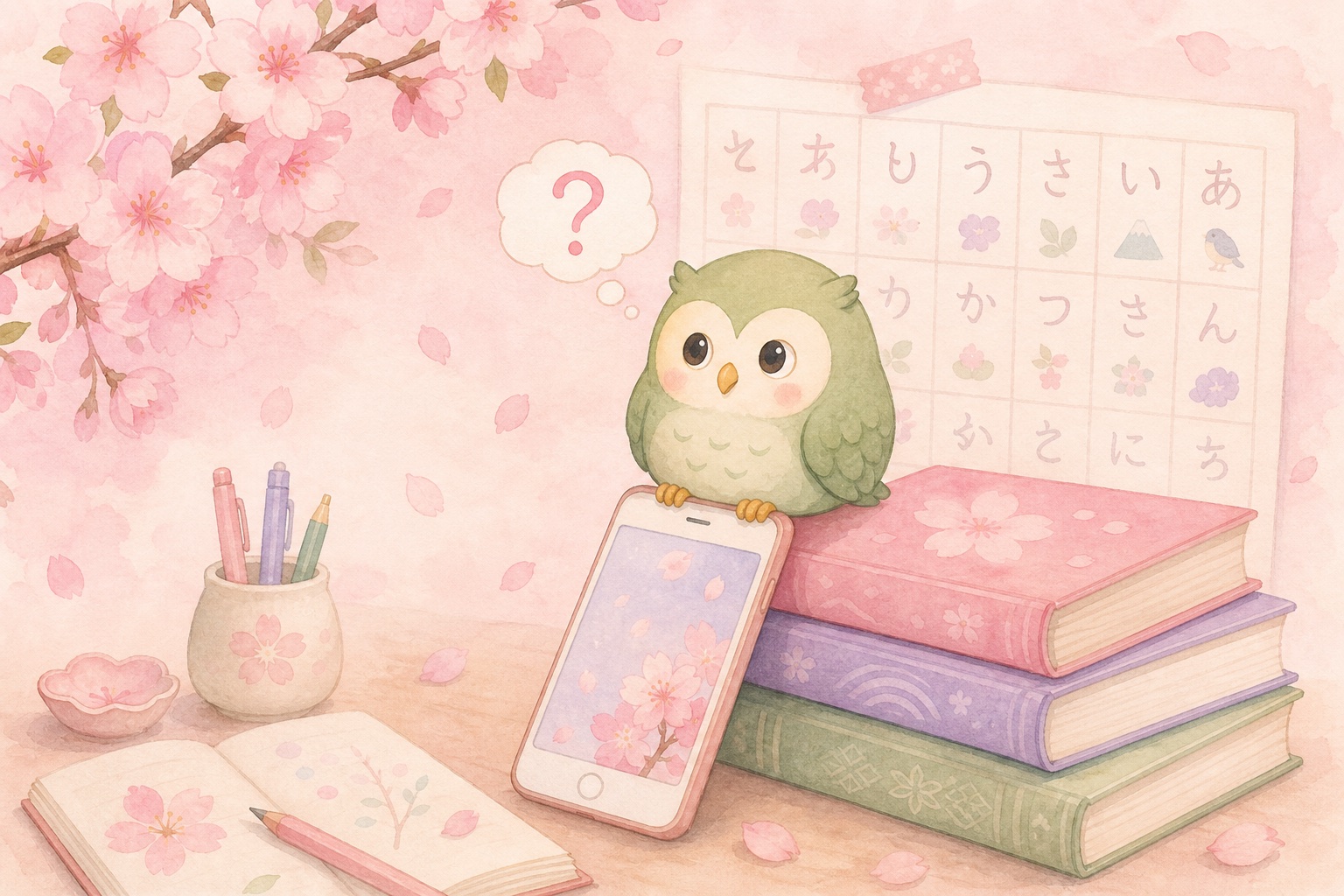 A green owl next to an open Japanese textbook and cherry blossoms on a pastel pink background