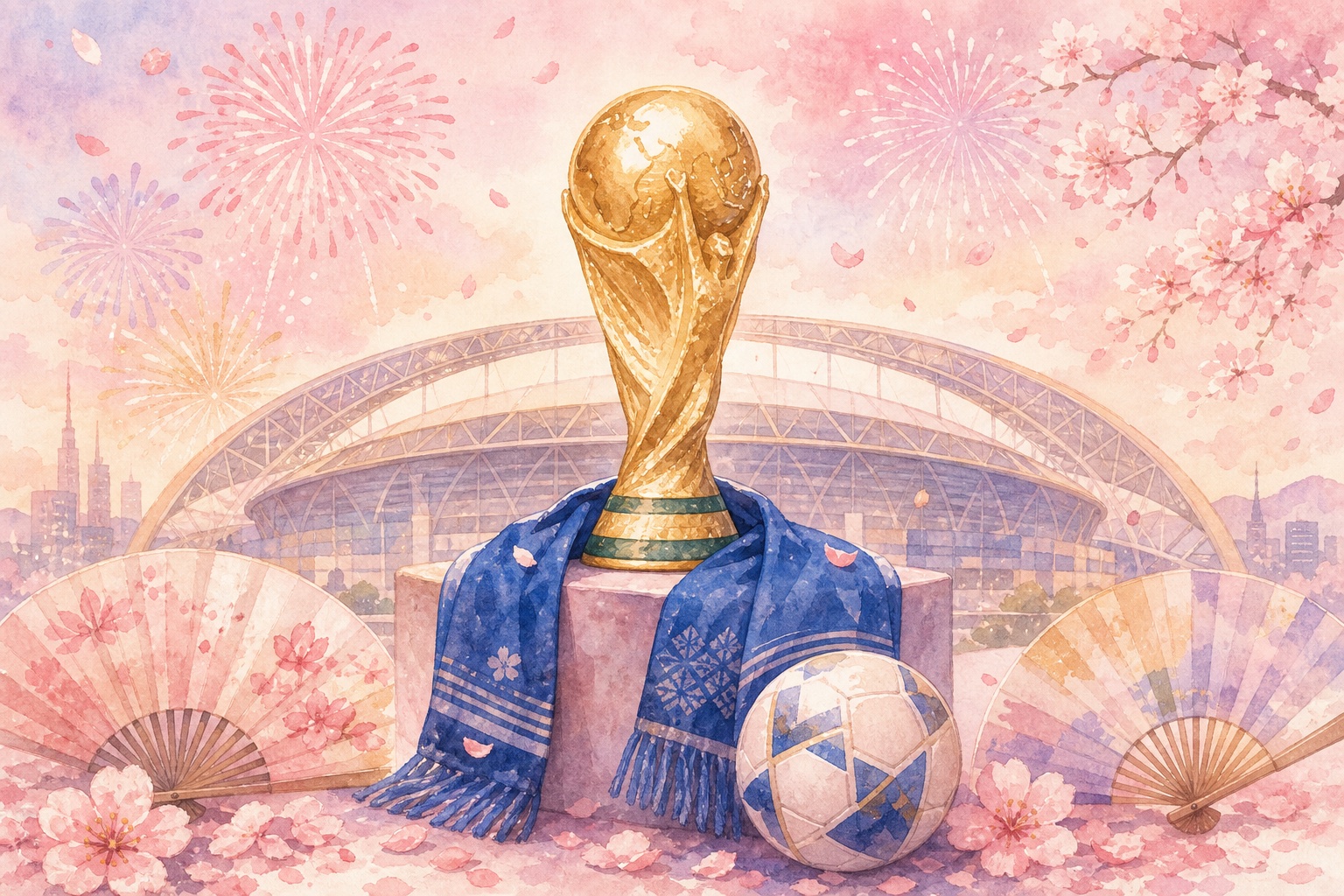 A World Cup trophy, a football and a blue Japanese fan flag in front of a pastel pink stadium sky
