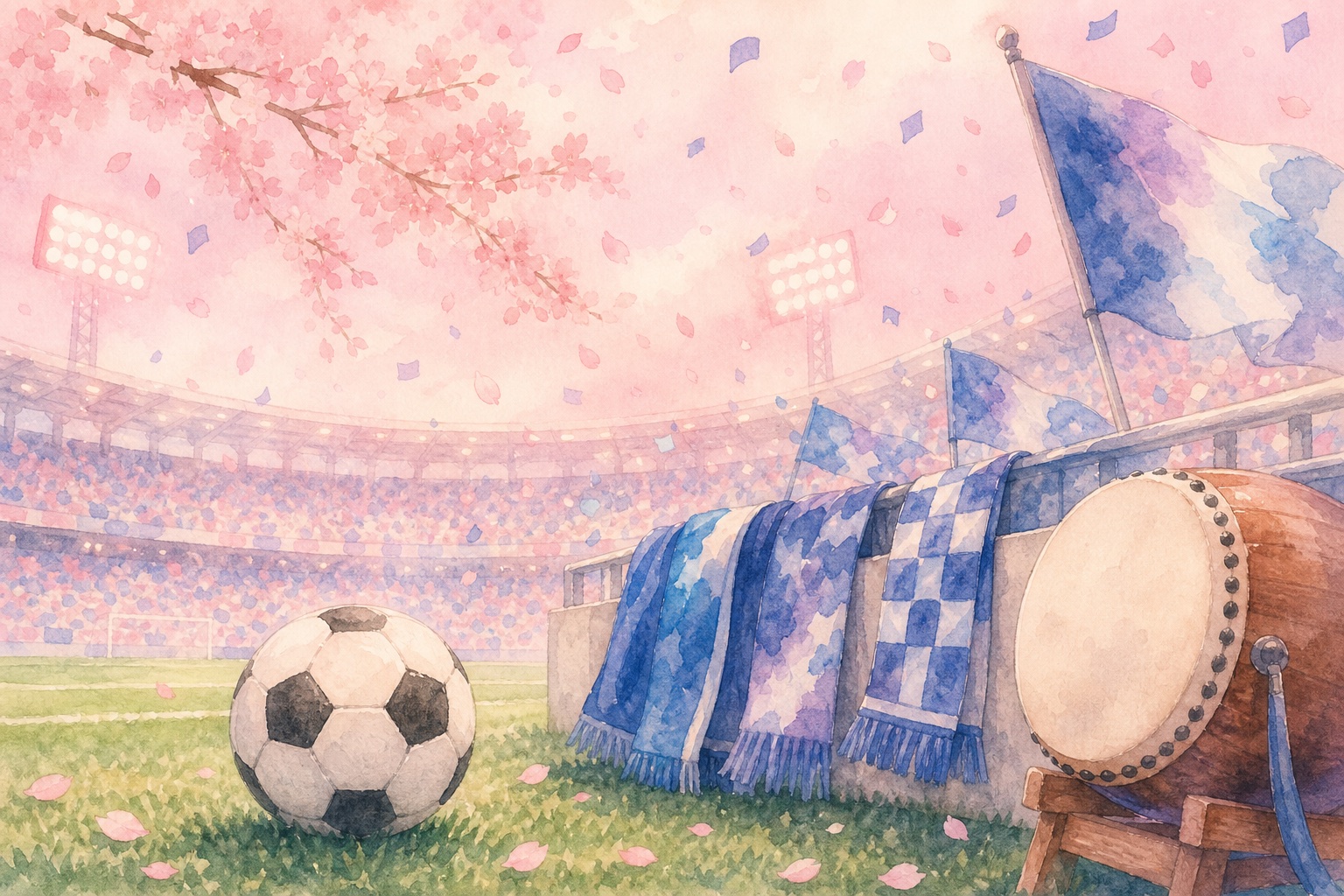 A football, a fan drum and blue flags in a stadium under a pastel pink sky with cherry blossoms