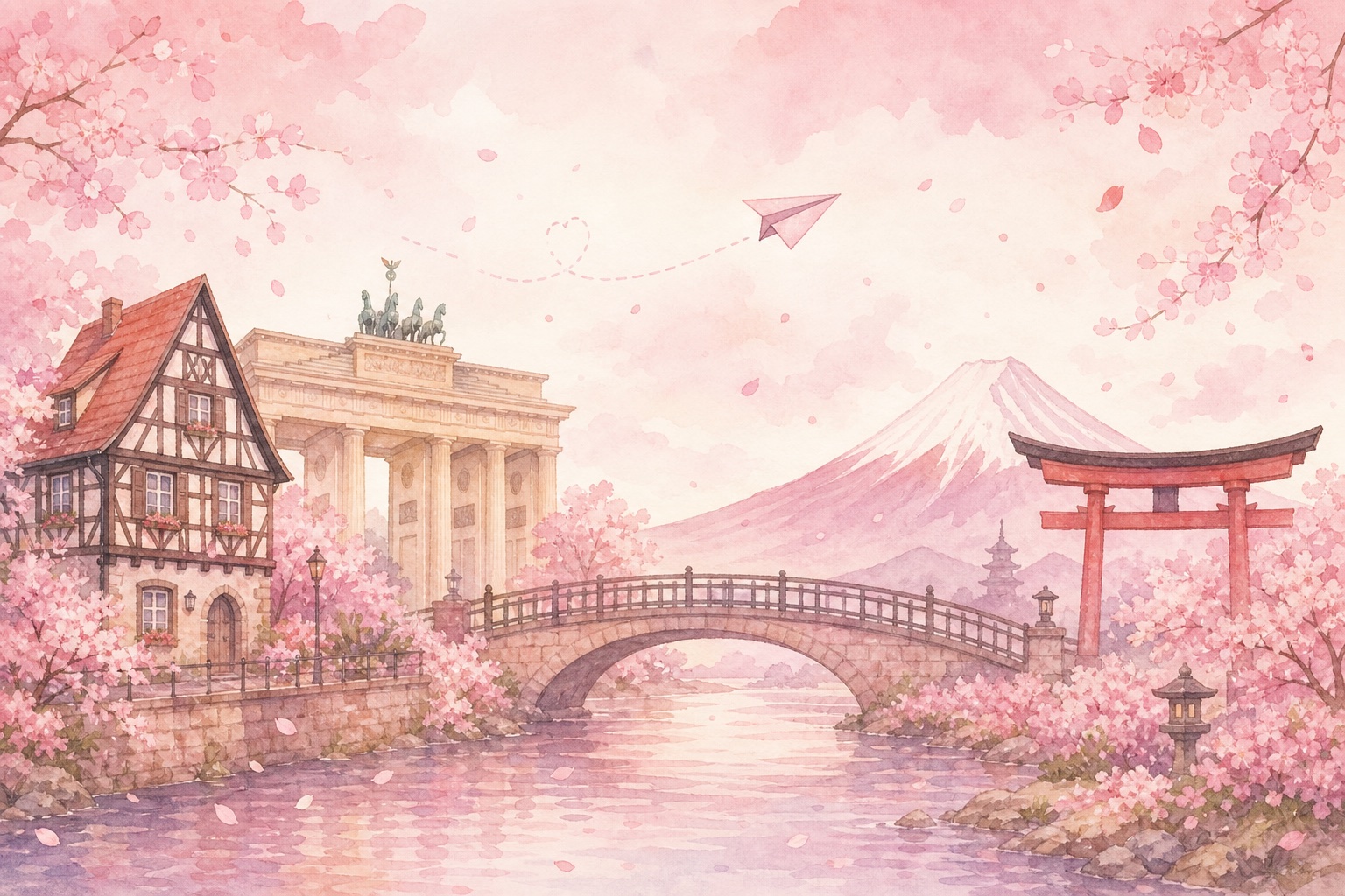 A German and a Japanese flag connected by a bridge of cherry blossoms, on a pastel pink background