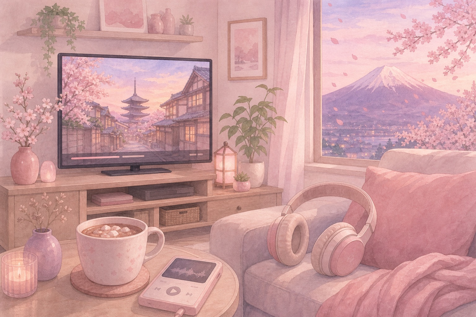 Headphones, a TV with Japanese subtitles and a podcast speech bubble on a pastel pink background