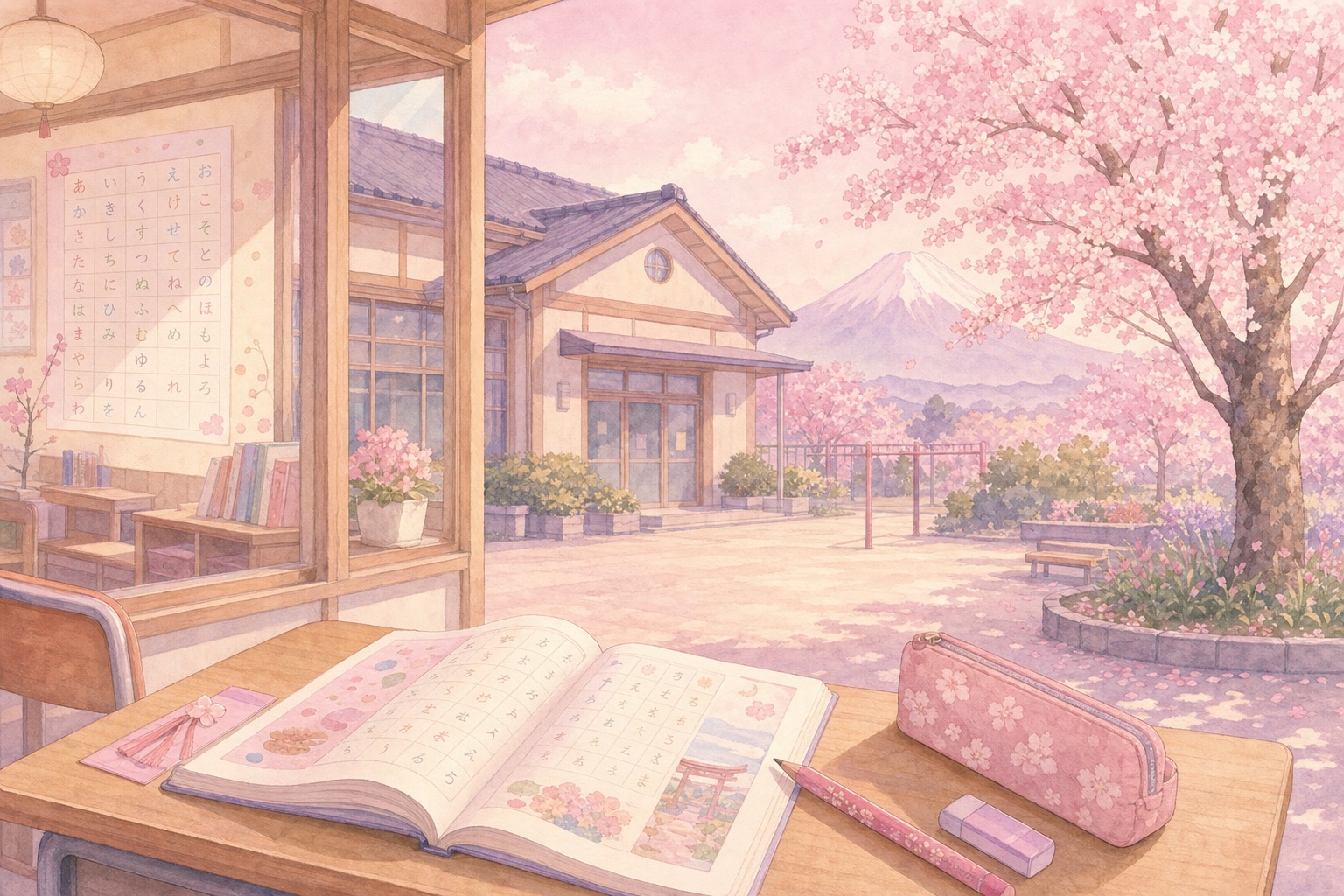 A school building with a cherry tree and a school bag in pastel pink