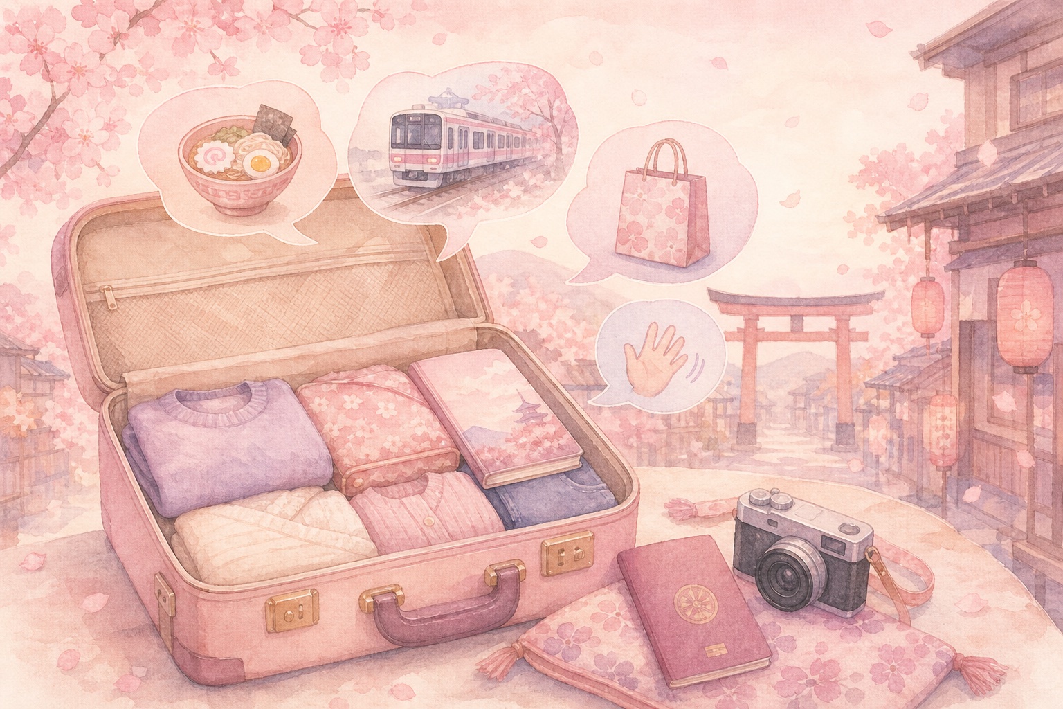 A suitcase, a train ticket and a speech bubble with Japanese characters in front of a pastel pink train station