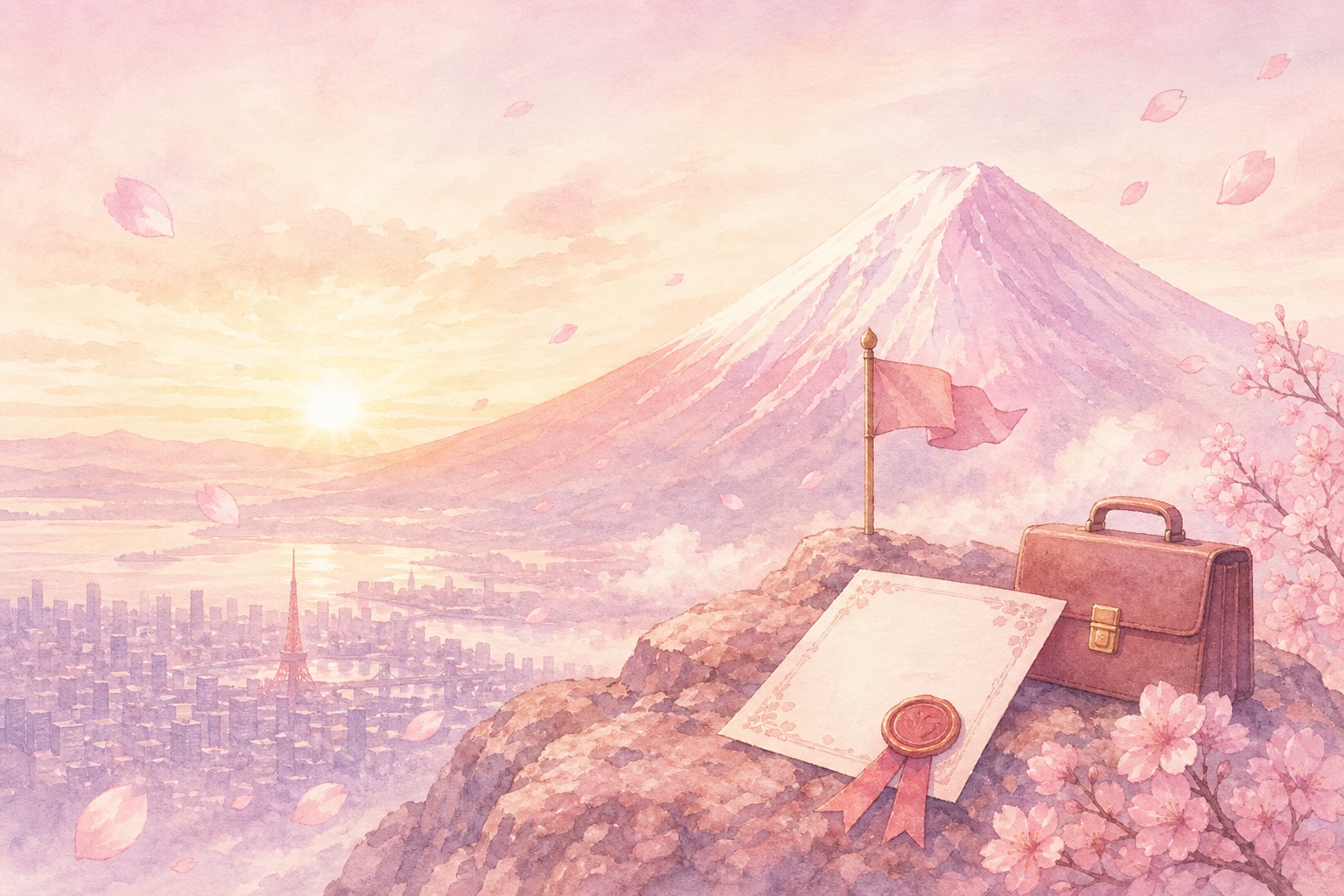 A desk with a laptop, business cards and a JLPT certificate in front of a pastel pink office tower with cherry blossoms