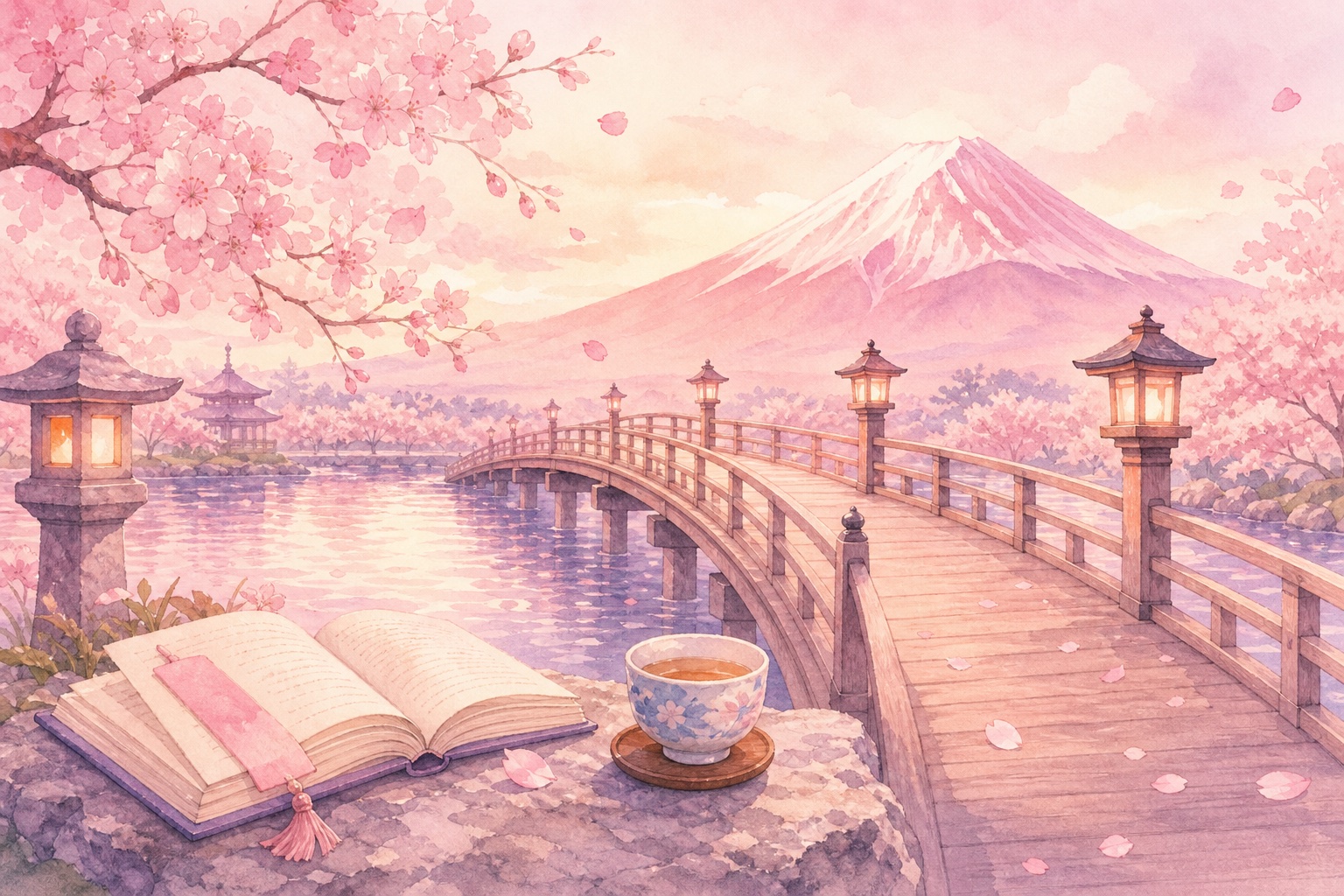 A bridge over a river with a newspaper and a study notebook in front of a pastel pink city skyline with cherry blossoms