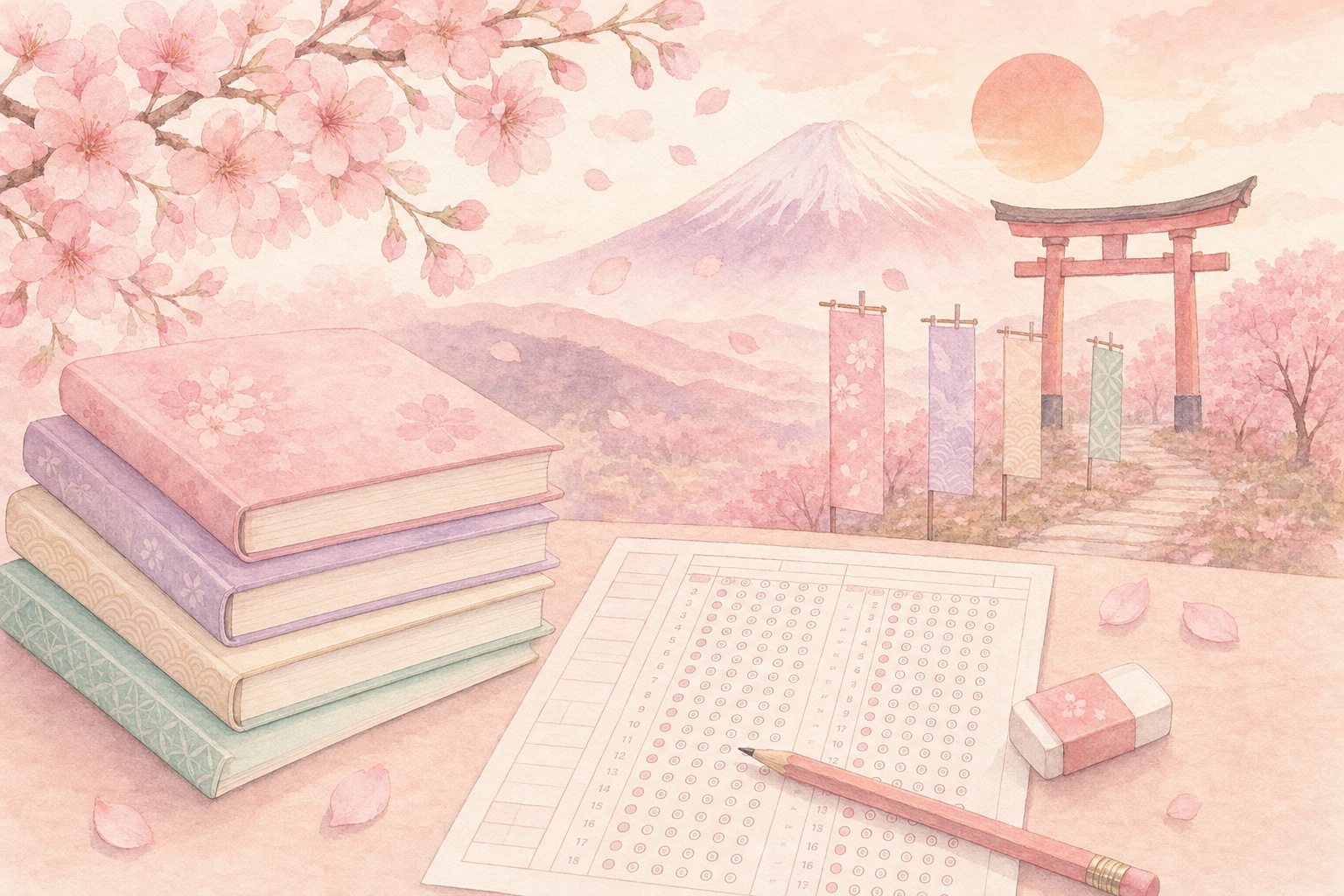 An open textbook with kanji flashcards and a cup of tea in front of a pastel pink Mount Fuji