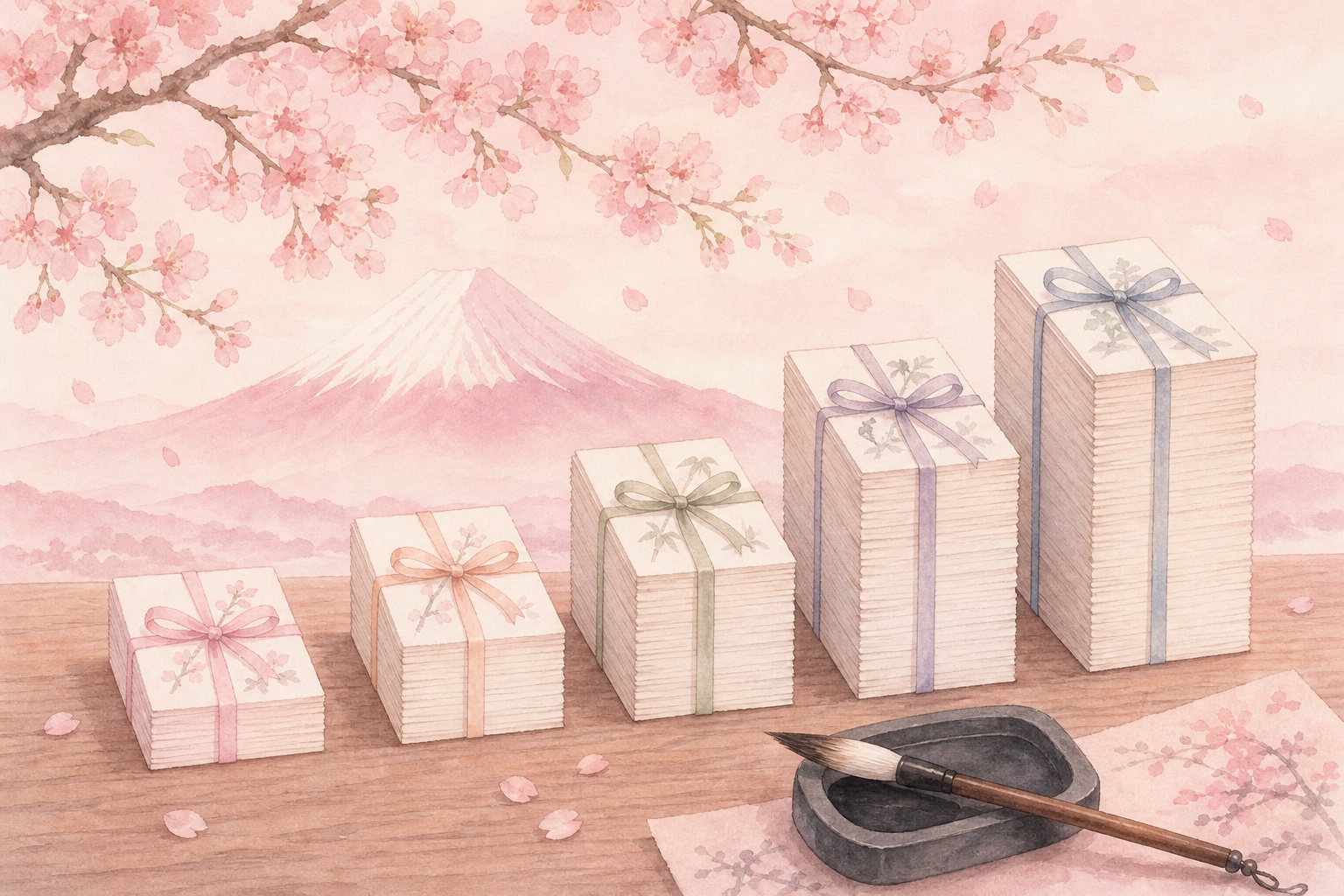 A stack of kanji flashcards with a brush and an ink stone in front of a pastel pink background with cherry blossoms
