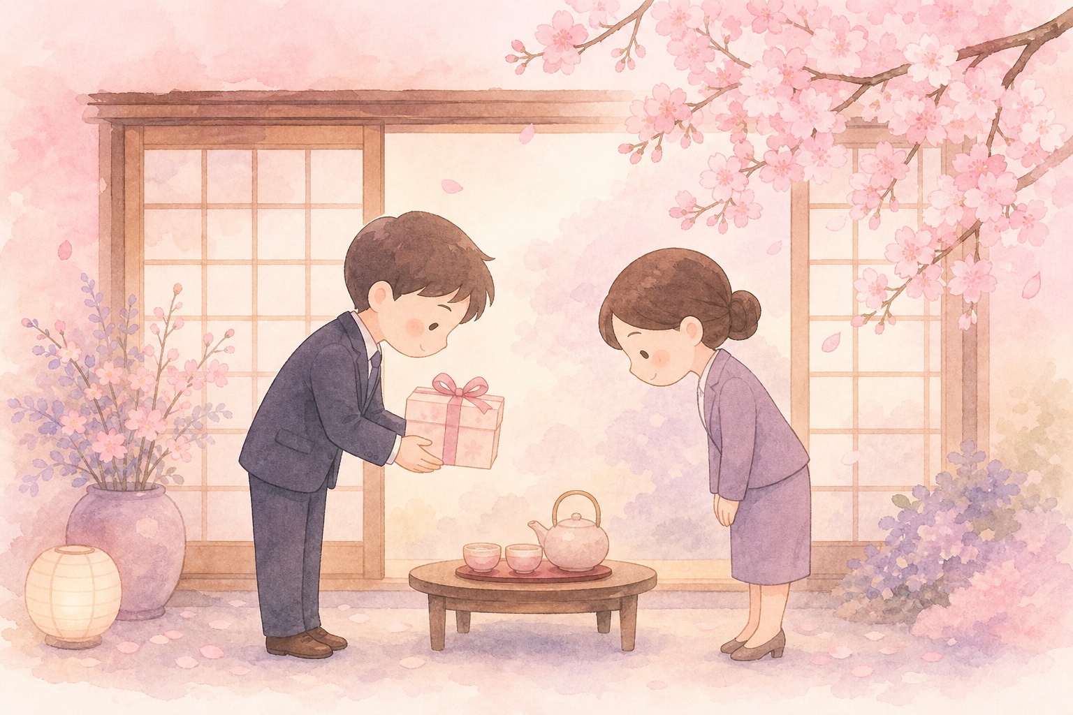 Two bowing figures with speech bubbles in front of a pastel pink background with cherry blossoms