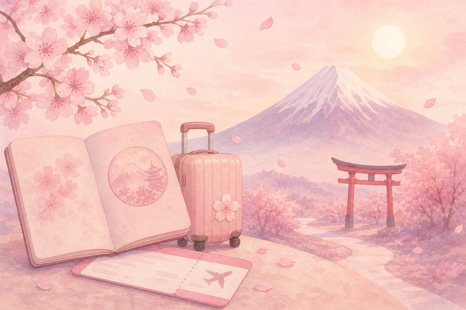 A passport with a visa stamp, a suitcase and a boarding pass in front of a pink Mount Fuji with a torii gate