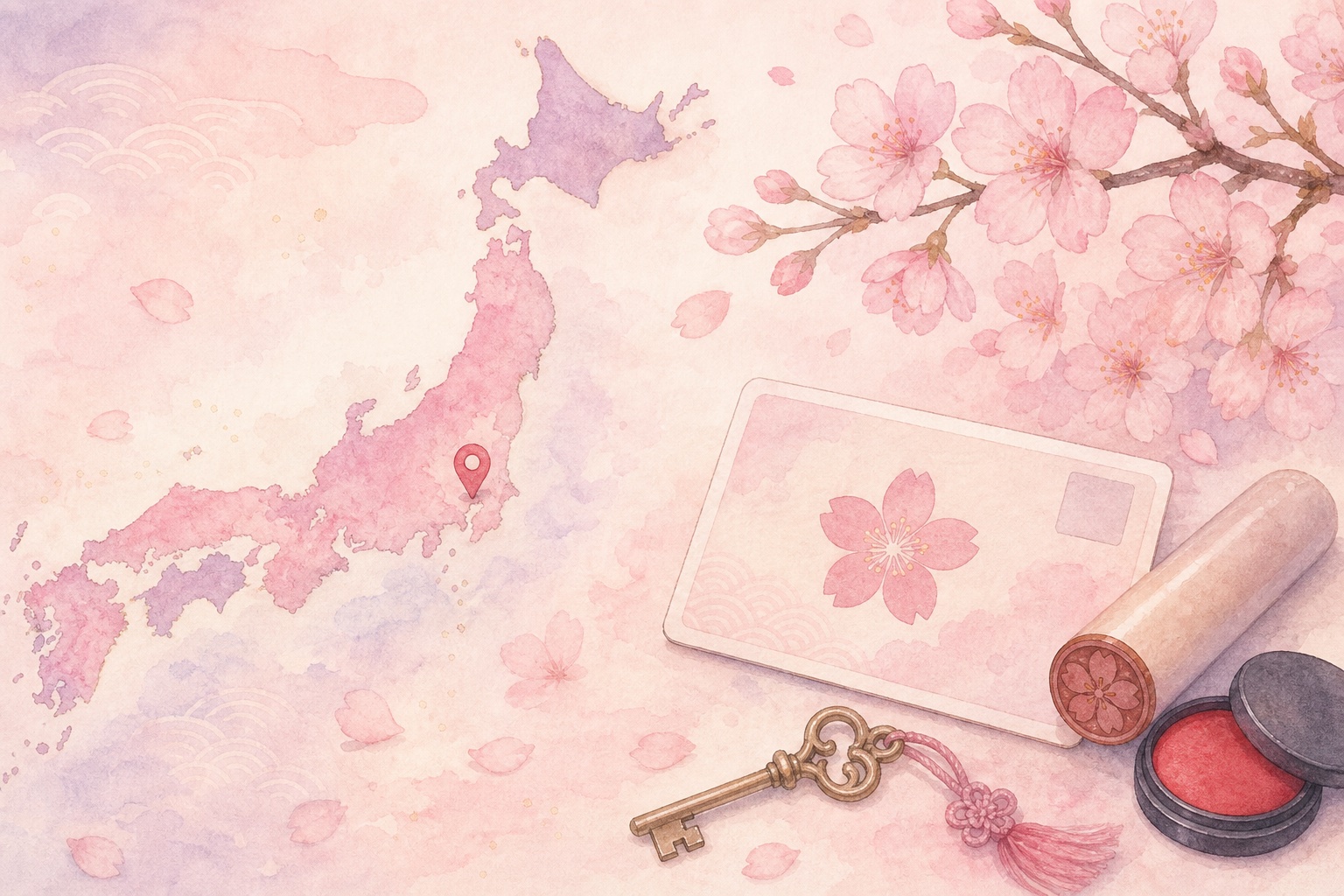 A map of Japan with a stamp and cherry blossoms in pastel pink