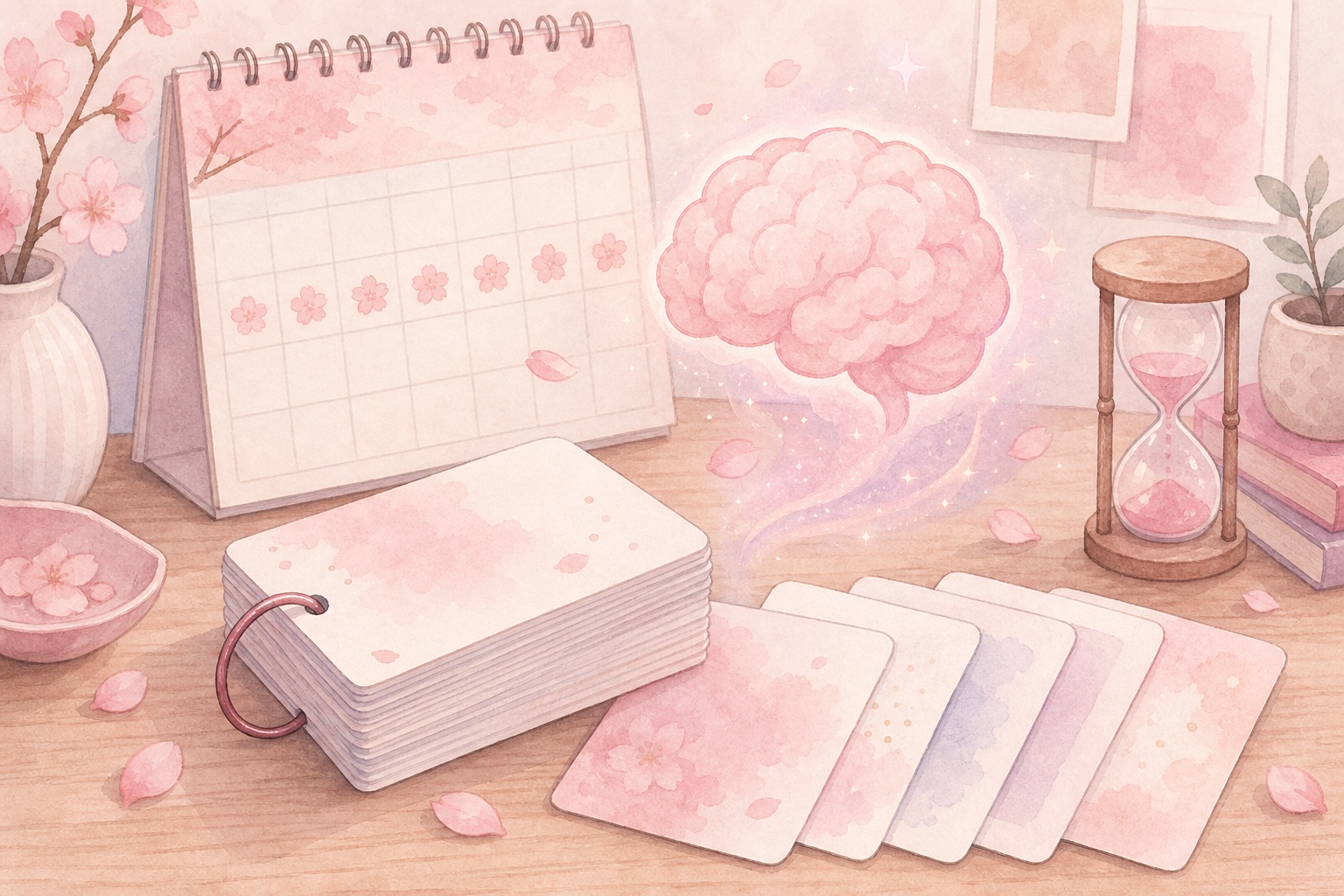 Flashcards with Japanese characters circling around a calendar on a pastel pink background