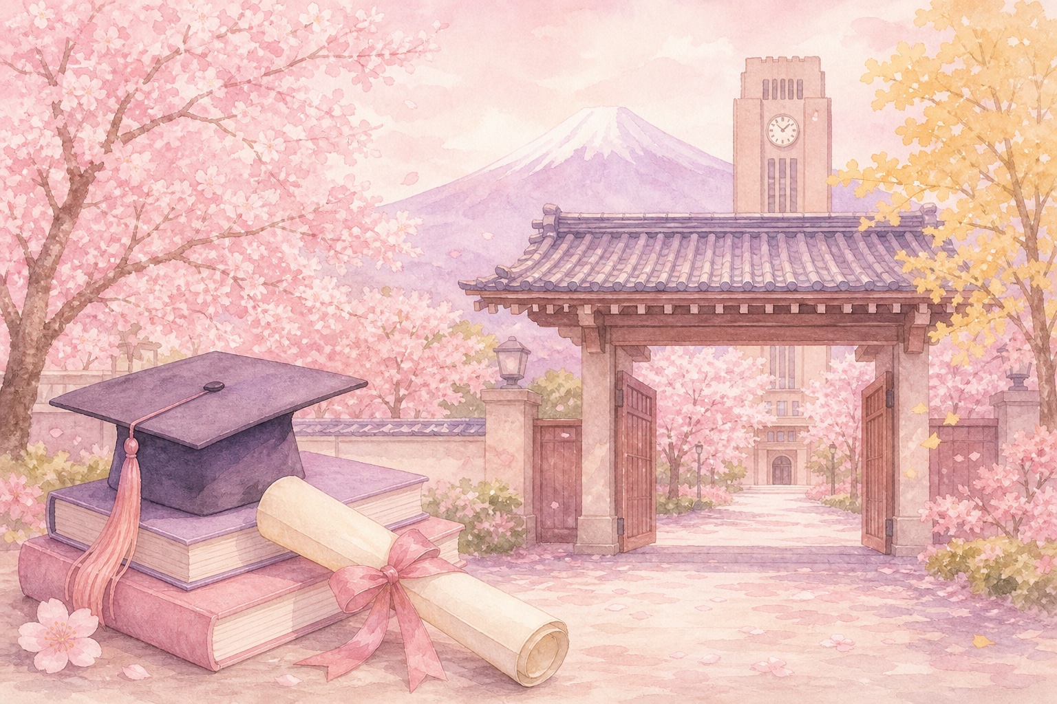 A graduation cap, books and a university building against a pastel pink sky with cherry blossoms