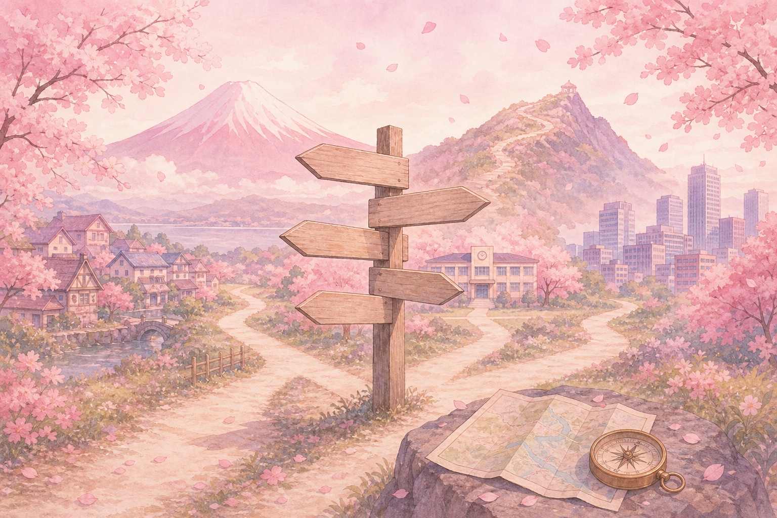 Five ascending steps with flags from N5 to N1 in front of a pastel pink Mount Fuji with cherry blossoms