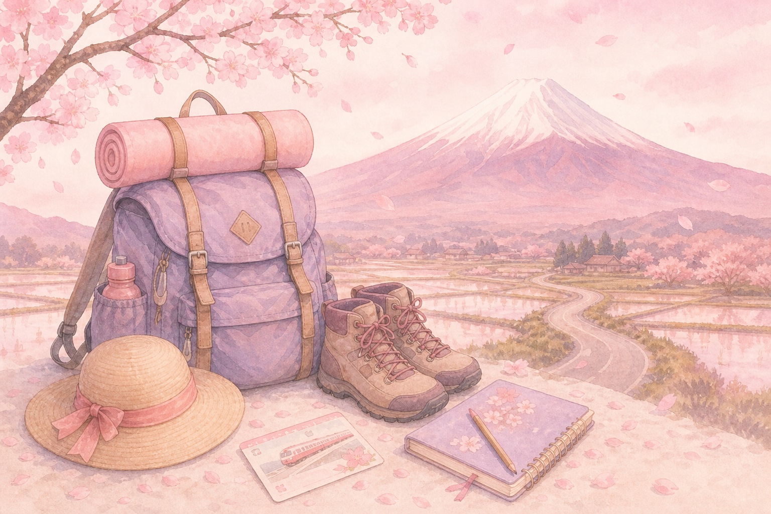 A backpack, a passport and cherry blossoms in front of a pastel pink Mount Fuji