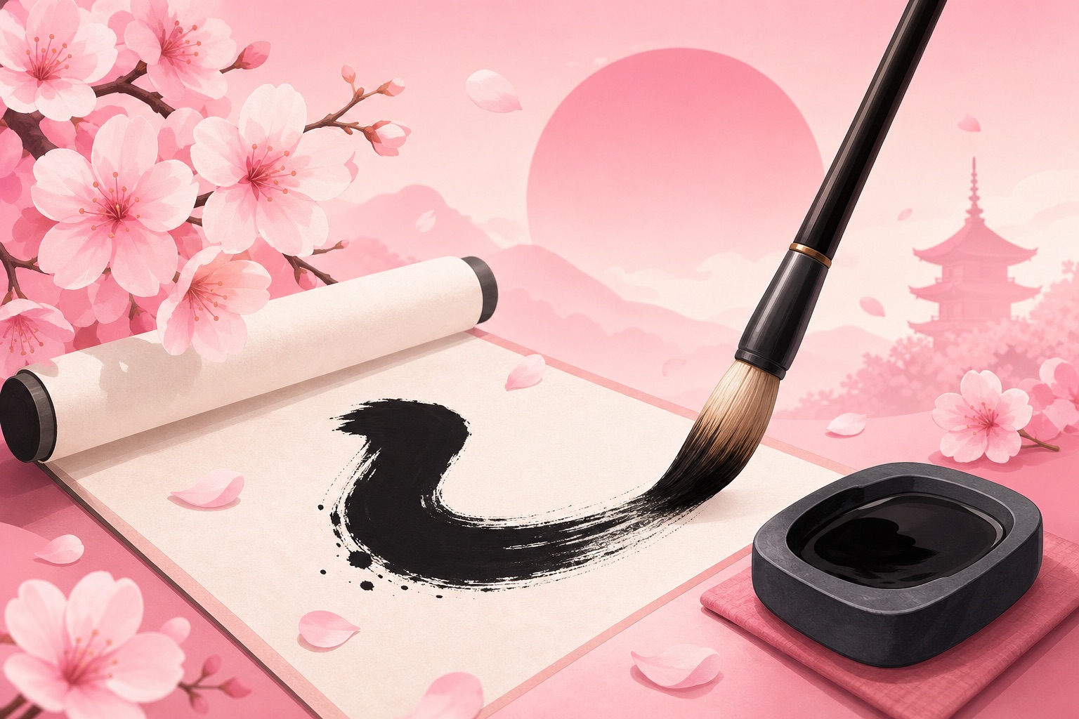A calligraphy brush painting an ink stroke surrounded by cherry blossoms