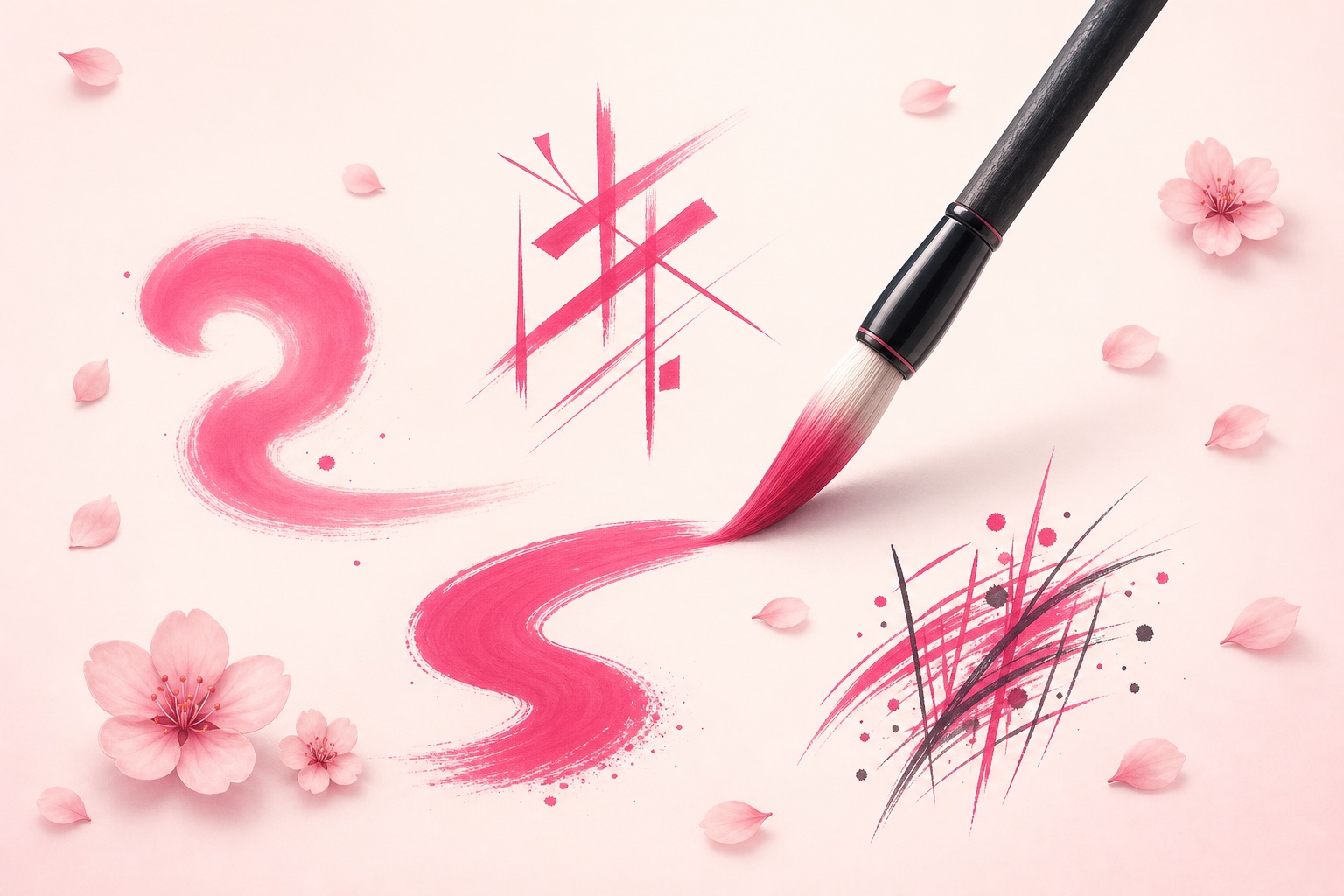 Illustration of a calligraphy brush with three flowing ink strokes and cherry blossoms